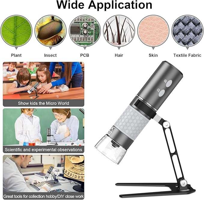4K 3840x2160p WiFi Digital Microscope for iPhone Android Phone and Windows Mac PC, Wireless Handheld Microscope Camera, Portable Microscope with Metal Stand for Adults and Kids