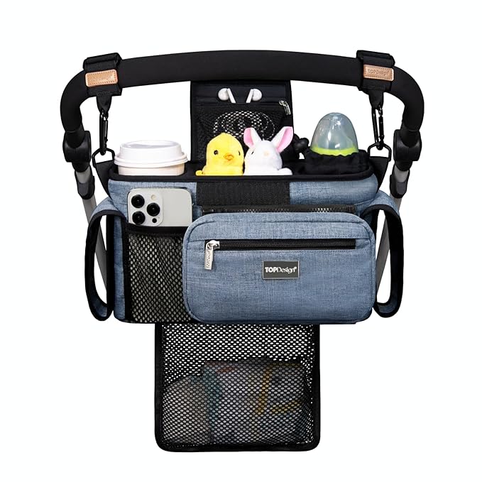 TOPDesign Universal Baby Stroller Organizer, Stroller Caddy with Detachable Mesh Bag & Heightened Insulated Cup Holders & Non-Slip Secure Hooks Accessories, Fits Most Strollers (Blue)