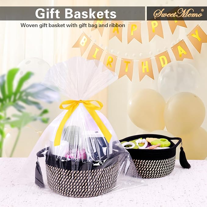 Empty Gift Basket - SweetMemo Mini Woven Rope Organizer Baskets for Baby Shower, Vanity, Makeup Brushes, Bathroom, Shelves, Desk - Small Decorative Storage Bins - Set of 2, Pre-Shaped, Black Brown