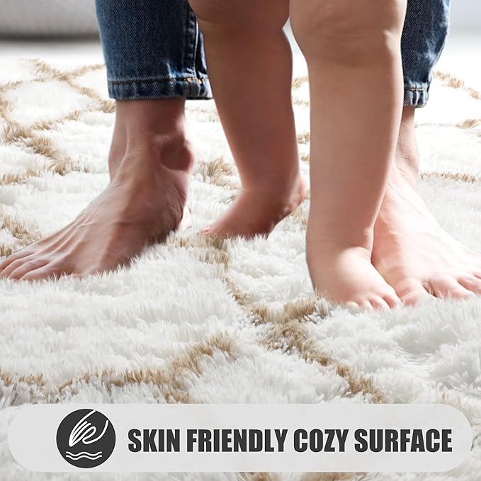 ONASAR Rugs for Living Room Bedroom, 5x8 Washable Fluffy White and Beige Area Rug, Geometric Boho Soft Plush Shaggy Floor Carpet Mat for Nursery Kids Girls Boys Teen Dorm Home Decor Aesthetic