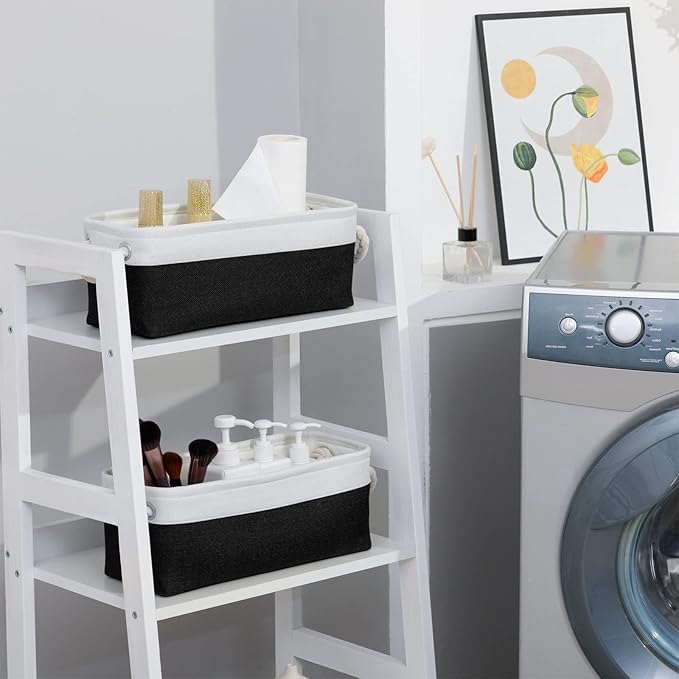 DULLEMELO Toilet Paper Storage Basket, Toilet Paper Basket for Back of Toilet, Bathroom Storage Basket for Cosmetics Towels Toilet Paper, Toilet Tank Basket with Rope Handles for Toilet(White&Black)