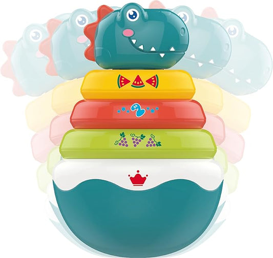 PlenPLAY Baby Tummy Time Toys - Dino Stacking Toys for Age 6+ Months, Weeble Wobble Toys for Babies 6 9 12 Months, Stacking Rings STEM Learning Toy, Sensory Learning Toy (Dinosaur), Small, Blue