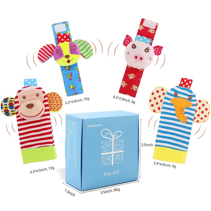 Soft Baby Rattle Toys Foot Finder Socks Wrists Rattles, Ankle Leg Hand Arm Bracelet Activity Rattle, Present Gift for Newborn Infant Babies Boy Girl Bebe 4pcs