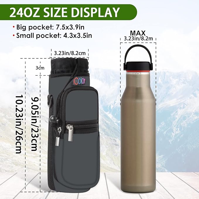 icolor Water Bottle Carrier Bag with Strap 25/32/40 oz Crossbody Bottle Holder with Phone Pocket Sling Sleeve Insulated Neoprene Water Bottle Pouch for Walking Travelling