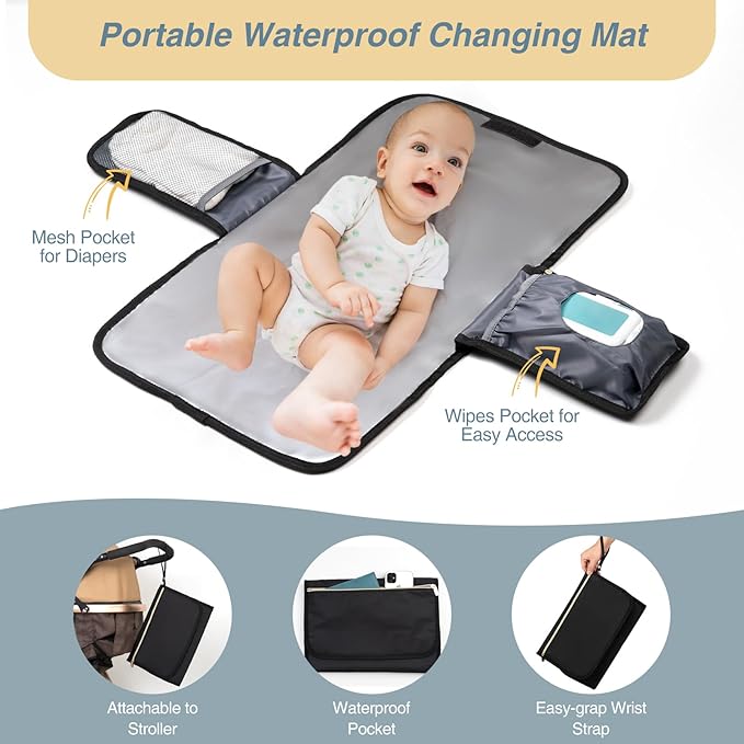 MOMUVO Diaper Bag Backpack, Quilted Baby Bag with Changing Pad & Stroller Straps & Pacifier Case, Multifunction Waterproof Travel Diaper Bags, Unisex, Black Beige