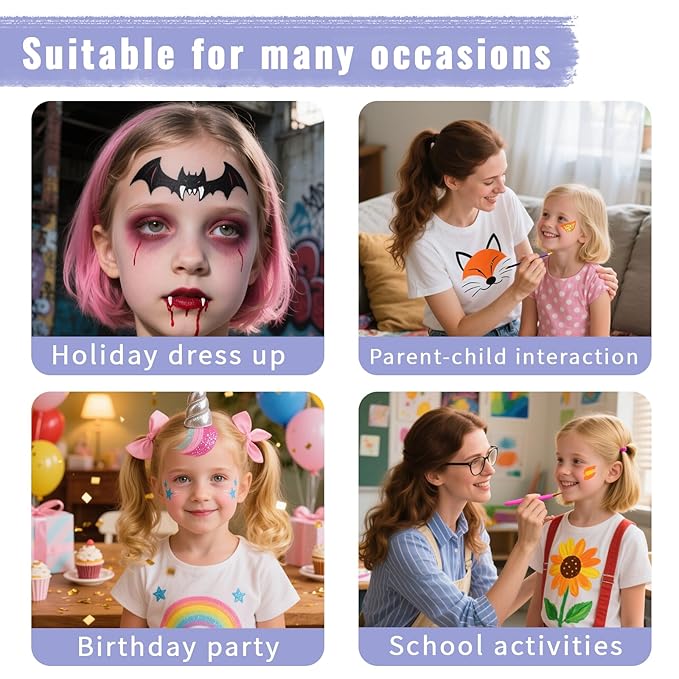 Face Painting Kit, Water Activated Face Paint Palette with Stencils, Brushes, Gems for Halloween Makeup, Parties, Carnival, School Event & Festivals (42 Colors)