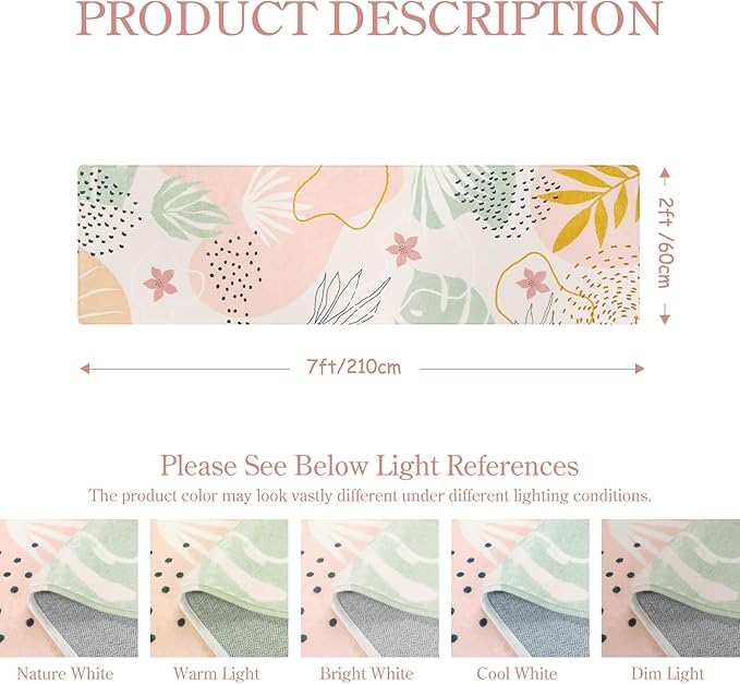 Lahome Pink Runner Rug - 2x7 Runner Rug Non-Slip Washable Bathroom Rug Runner Throw Lightweight Floor Runners for Hallway Non Skid, Botanical Print Carpet Runner for Kitchen Bedroom Laundry Room