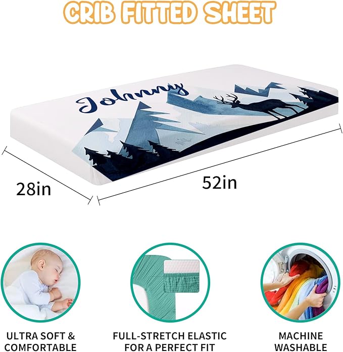 Custom Crib Bedding Set - Woodland Animals Design Personalized Name Baby Nursery Bed 3 Pcs Set - Chic Soft Blanket with Dotted Backing, Sheet, Pillowcase for Newborn Girls Boys Gifts Color10