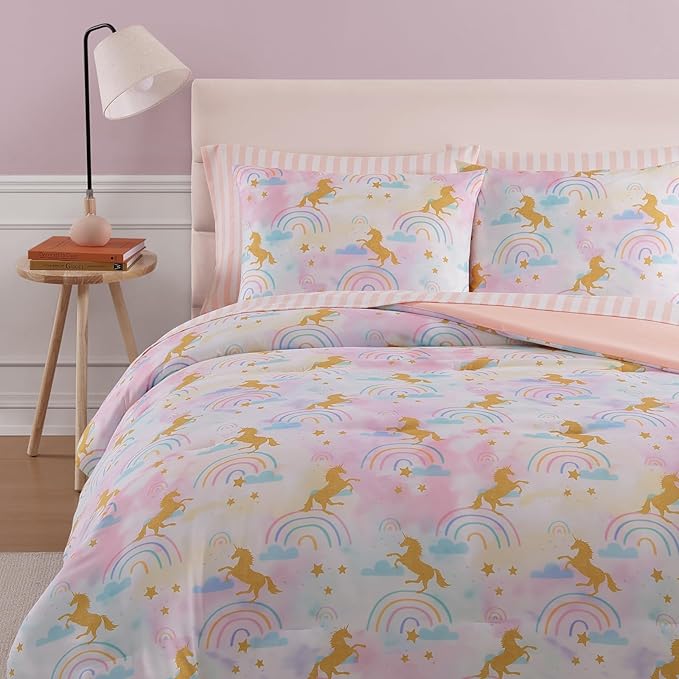 Queen Comforter Set with Sheets for Girls-7 Pieces Queen Bedding Sets with Pink Comforter, Sheets, Pillowcases & Shams for Kids (Gold Unicorn, 90" X 90")