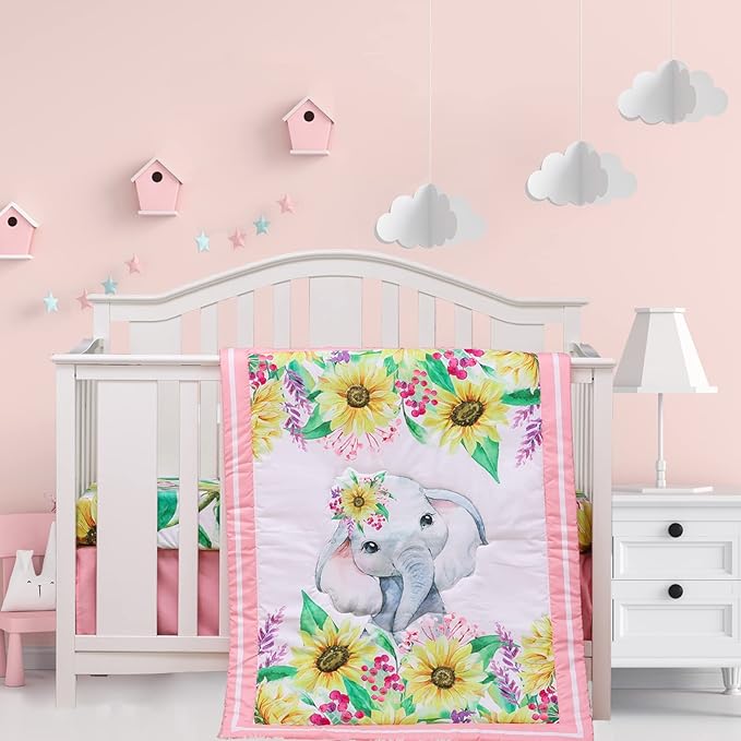 Cloele Crib Bedding Set for Baby Girls - 3 Piece Elephant Baby Bedding Set includes Pink Crib Skirt Crib Quilt Fitted Sheet - Sunflower Soft Nursery Comforter Bedding Set for Girls