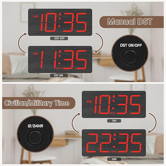 DreamSky Wooden Digital Alarm Clock for Bedroom - Desk Clocks for Living Room with Large Numbers, Loud Alarm for Heavy Sleepers with Volume Control, Dimmer, DST, Office Wood Decor (Adapter Powered)