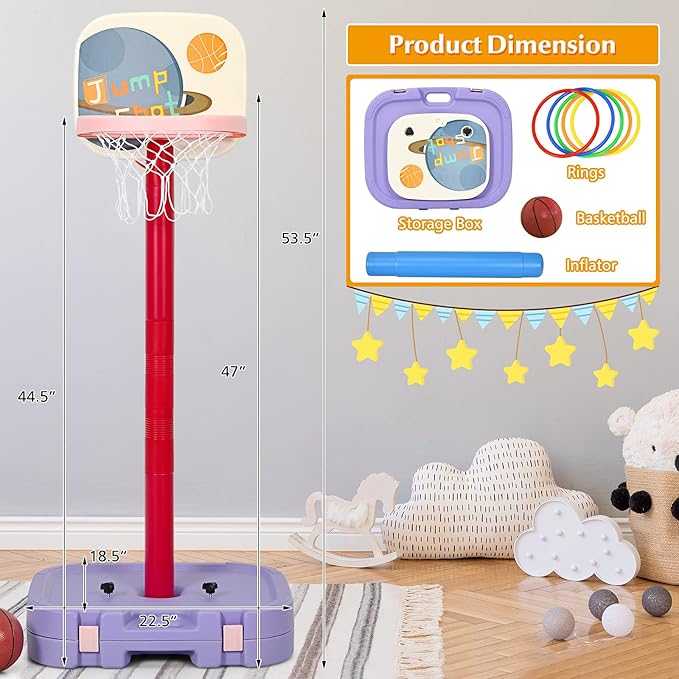Costzon Kids Basketball Hoop, 2 in 1 Toddler Basketball Hoop Toy Set with Ring Toss & Storage Box for Boys Girls Baby, Portable Basketball Hoop Stand with Adjustable Height for Indoor Outdoor