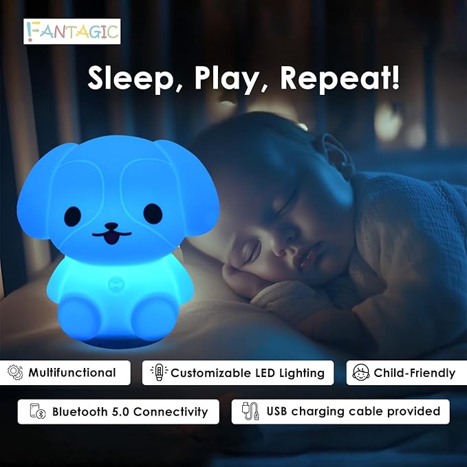 Combined Bluetooth Speaker & Nightlight With 9 Color Emissions, Child Friendly Silicone & BPA Free, USB Recharging, Receives Audio From Computer, Phone Or Tablet, and includes Remote Control (Dog)