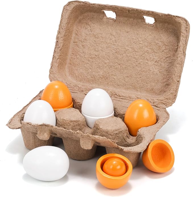 HANSGO Play Food Sets for Kids Kitchen, 6PCS Wooden Toy Food Pretend Play Egg Games for Children Cooking DIY Early Development Learning Skills
