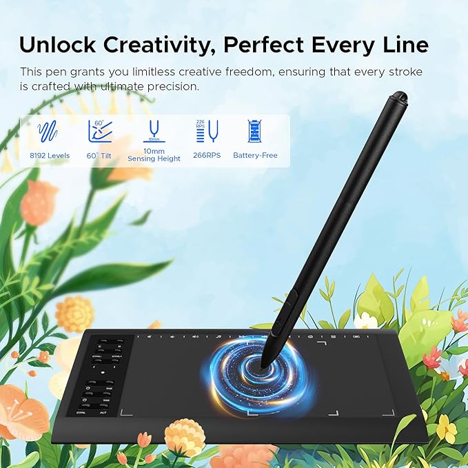 Graphic Drawing Tablet, ienRon 10x6.25 Inch,Digital Graphics Tablets for PC and Computer/Pad- 8192 Pressure Battery-Free Pen, 12 Hot Keys, Compatible Windows/Android, Includes Stand,Good Gifts,Black