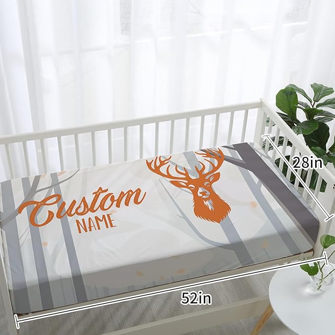 Personalized Nursery Crib Bedding Set: Orange Forest Custom Name 5 Piece Baby Crib Sets with Sika Deer Theme - Toddler Double Layer Blanket Set, Comfortable Crib Bed Sheets for Baby Grils