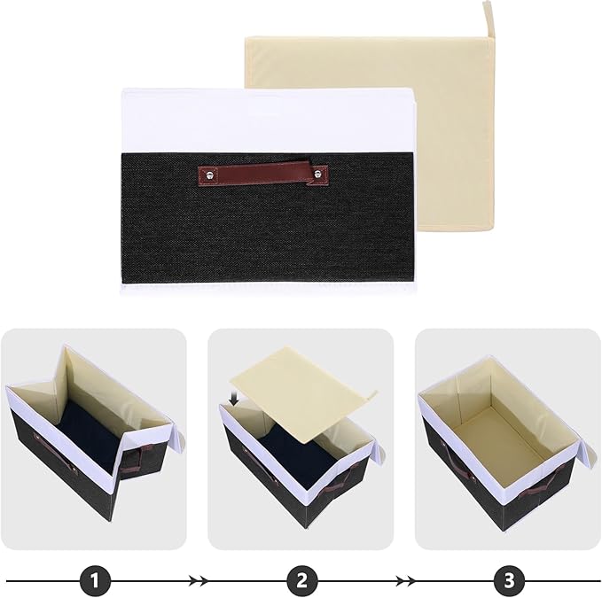 ANMINY Storage Boxes with Lids Washable Decorative Storage Bins Basket with PU Leather Handle Foldable Linen Fabric Storage Cubes Containers for Home Closet Organizer - Black White, Large Size