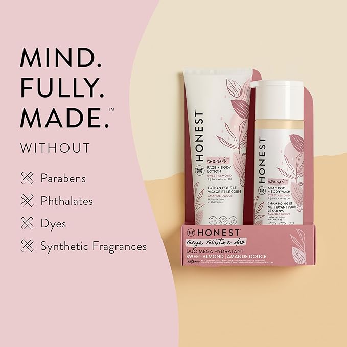 The Honest Company 2-in-1 Cleansing Shampoo + Body Wash and Face + Body Lotion Bundle | Gentle for Baby | Naturally Derived | Sweet Almond Nourish, 18.5 fl oz