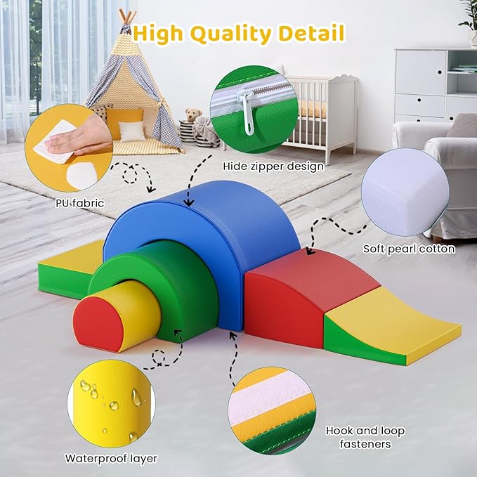 Lischwert Foam Climbing Blocks, Soft Climbing Toys for Toddlers, 5 Pieces Crawl and Climb Foam Playset with Foldable Block and Tunnel, Indoor Climber Activity Play Set for Kids Age 1+(Colorful)