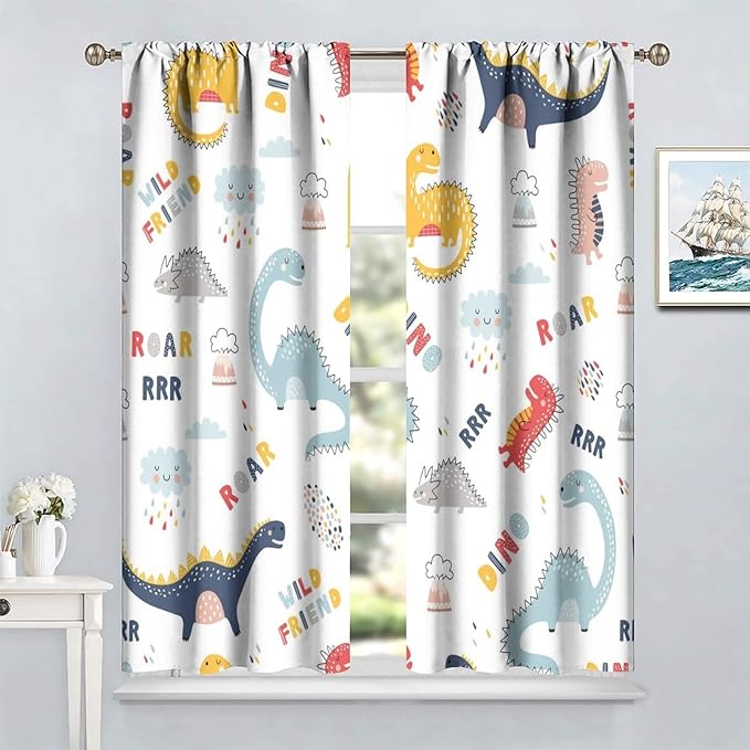 Cartoon Dinosaur Curtains for Kids Boys Girls Home Decor Colorful Cute Dino Animals Print Pattern Rod Pocket Blackout Window Drapes for Nursery Baby Bedroom Playroom W31.5xL63in 2 Panels