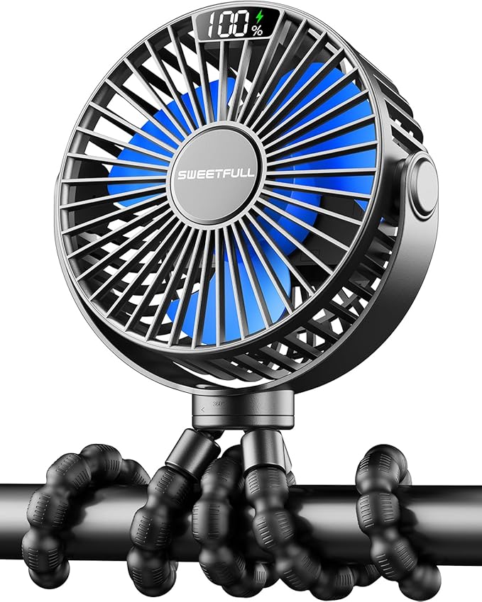 SWEETFULL Portable Stroller Fan with Display 4000mAh Battery Powered Mini Clip On Fan, 4-Speed Rechargeable Small Personal Cooling for Baby Car Seat Crib Travel - Black