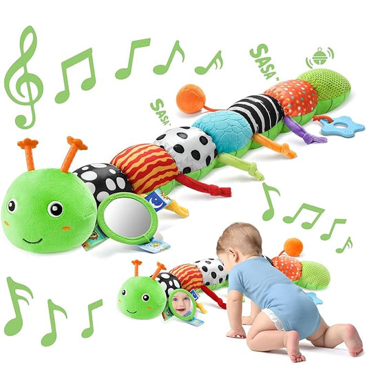 Sumobaby Baby Toys 0-6 6-12 Months,Music Caterpillar Plush Toy with Baby Mirror, Pull String&Crinkle Rattle,Infant Teething Toys,Tummy Time for 0-3-6-12 Month Boys Girls Newborn Gifts (Green-Branch)