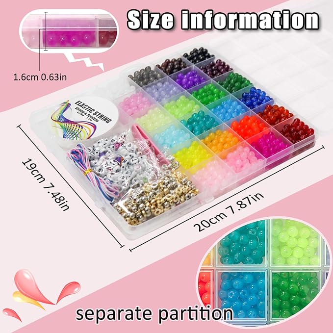 JULIMAIDONG 6mm Glass for Bracelets 1400pcs, 24 Colors Round Crystal Glass Bracelet Making Kit for Jewelry Making Kits Bead DIY Crafts with Spacer Charms Accessories (6mm, 24Color)