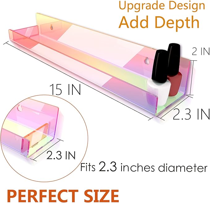 4 Pack 15 Inch Iridescent Acrylic Shelves, Clear Rainbow Floating Shelves for Wall, Modern Sunglasses Essential Oil Picture Ledge Display Toy Storage Wall Shelf