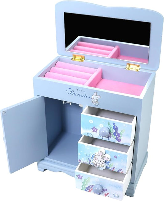 Children jewelry box for girls blue Cute bunny girls jewelry box Little girl birthday christmas Gift kids jewelry box