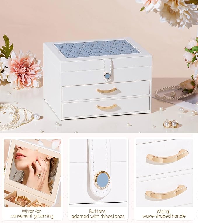 White Jewelry Box Organizer: Home Decor for Women - 2-Drawer Holder for Valentine’s Day Birthday Christmas White Grey-Blue