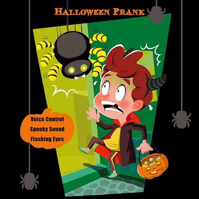 SUNLIN Interactive Halloween Spider Cute Soft Plush Toy Gift for Adults & Kids 3+, Touch & Sound Activated Prank with Sound & Glowing Eyes, Scary Party Supplies Home Decor