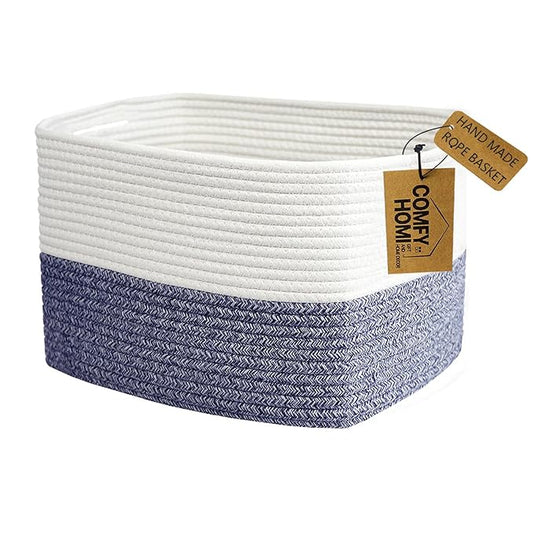 COMFY-HOMI Medium Cotton Rope Basket With Handles for Shelves|Dog Toy|Baby Gift Basket Empty for Organizing|NEW Generation 13.5" x 11" x 9.5" Living Room (Navy Blue)