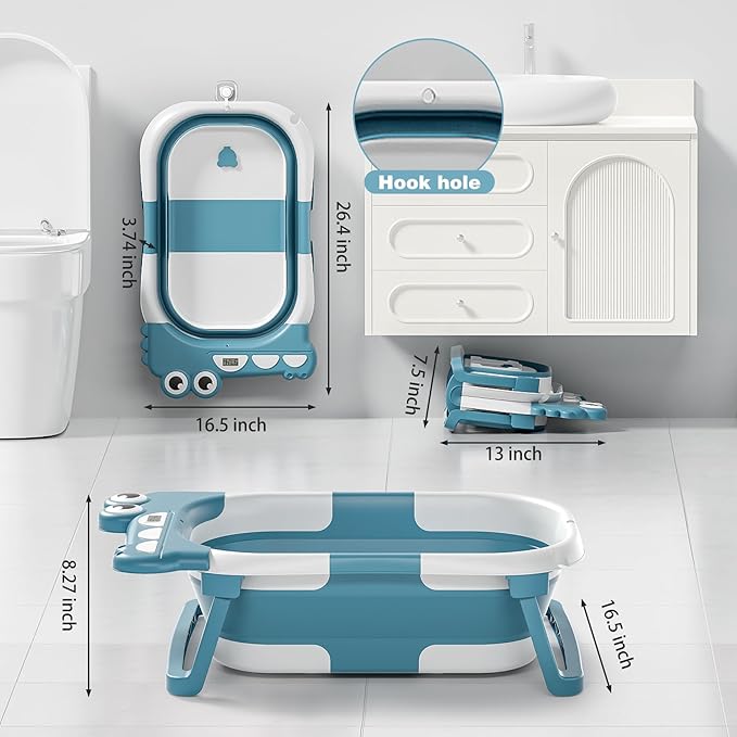 Collapsible Baby Bathtub for Newborn, Foldable Baby Bath Tub with Thermometer & Soft Floating Cushion & Drain Hole, Portable Travel Infant Bath Tubs for Newborns to Toddler 0-36 Months Girl, Blue