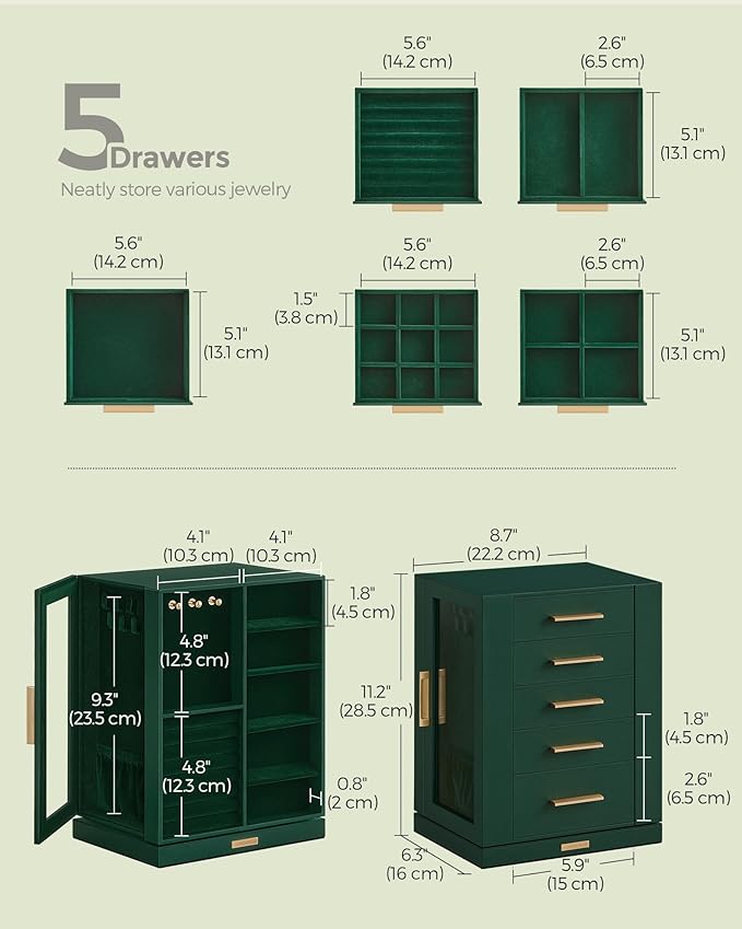 SONGMICS Jewelry Box 360° Rotating, Jewelry Storage Case with 5 Drawers, Jewelry Organizer, Glass Window, Spacious, Vertical Jewelry Storage, Open Design, Great Gift, Forest Green UJBC170C01