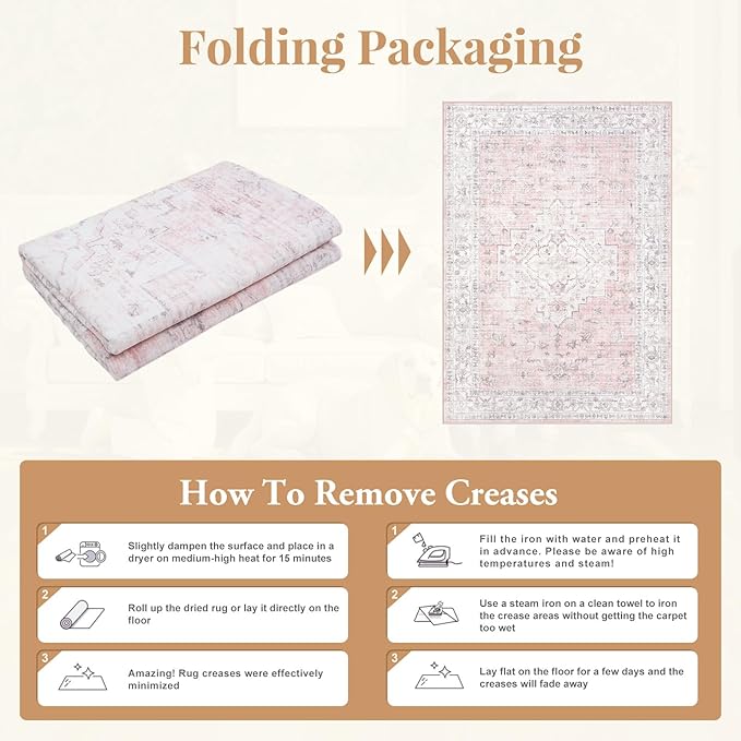 LIVEBOX Pink 5x7 Area Rug for Bedroom Girls, Boho Washable Rugs for Living Room Nursery, Non-Slip Indoor Soft Carpet Low-Pile Farmhouse Carpets for Dining Room Kids Playroom, Pink