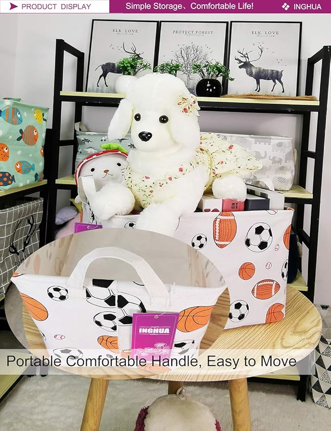 Rectangular Storage Basket Fabric Organizer Bin for Toys,Books,Clothes,Gifts,Pets-Perfect for Home,Office,Nursery,Dorm,Shelf(Rec ball game)