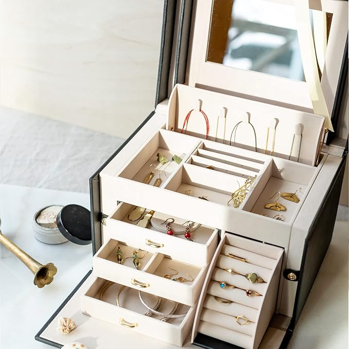 Vlando Jewelry Box Organizer for Girls Women, Large Baroque Jewelry Holder Organizer with Mirror, 3 Drawers for Bracelets, Earrings, Rings, Necklaces, Mothers Day Gifts for Loved One, Black
