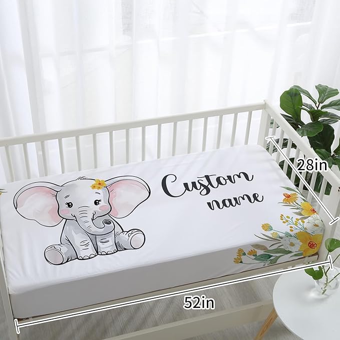Personalized Nursery Crib Bedding Set: Yellow Floral Custom Name 5 Piece Baby Crib Sets with Elephant Theme - Toddler Double Layer Blanket Set, Comfortable Crib Bed Sheets for Baby Grils