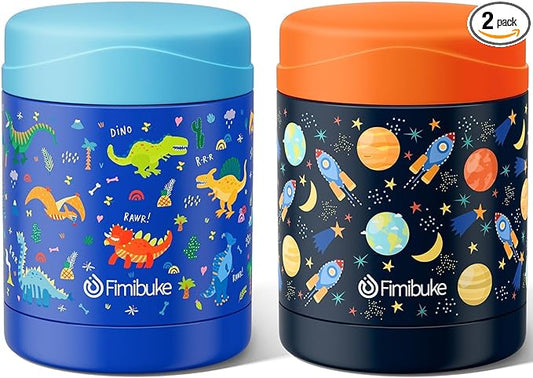 Fimibuke Insulated Kids Food Jar, 2 Pack 12 OZ Bpa Free Stainless Steel Vacuum Thermos for Hot Cold Food, Leakproof Snack Container for School Boys Girls Wide Mouth Toddler Lunch Box for Smoothie Soup