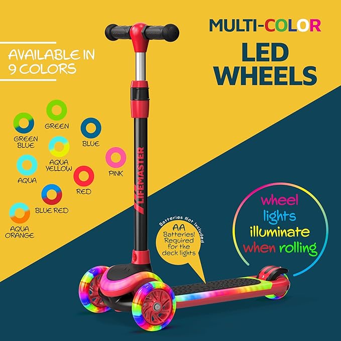 3-Wheel Kids Scooter with Multi-Color Lights on Deck & Wheels – 5-Height Adjustable Handlebar, Wide Anti-Slip Deck, Child Safety Certified, Boys & Girls Ages 3+ Supports Up to 150 lbs