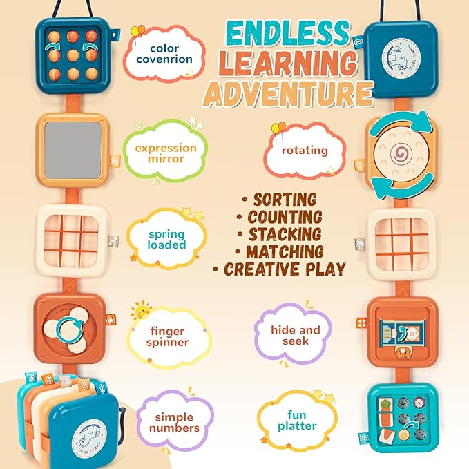 Montessori Busy Board for Toddlers 1-3 | Certified Travel Sensory Toy | Fine Motor Skills Activity Cube for Airplane, Classroom & Home Learning