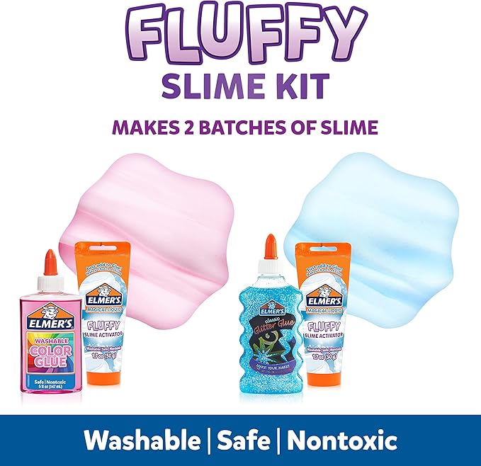 Elmer’s Fluffy Slime Kit, Includes Translucent Color Glue, Glitter Glue, Fluffy Slime Activator, 4 Count - Perfect for Parties, Gift, Activity Time