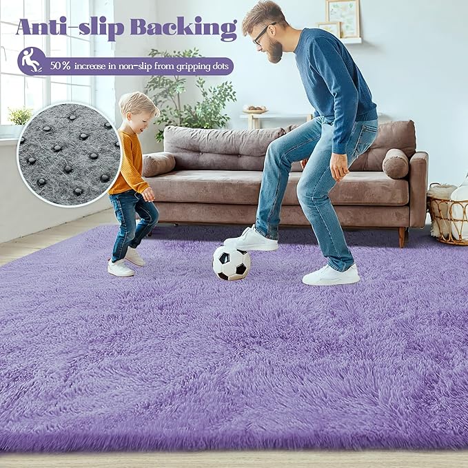 6x9 Area Rug for Living Room: Fluffy Shag Soft Washable Rugs Large Fuzzy Plush Indoor Carpet for Bedroom Nursery Playroom Kids Girls Boys Room (Purple, 6'x9')