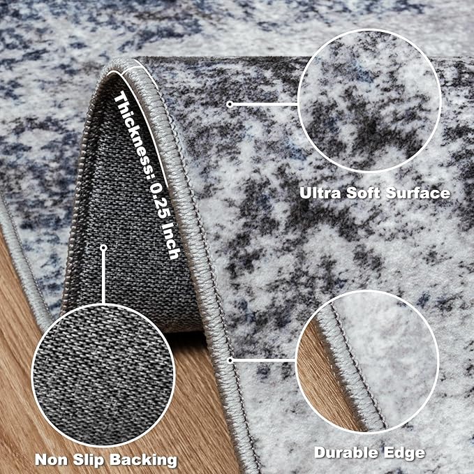 Washable Rug 6x9 Area Rugs: Abstract Washable Rugs with Non-Slip Backing, Stain Resistant Indoor Floor Carpet for Bedroom Dining Room Table Nursery Hallway Home Office Blue/Gray/Black