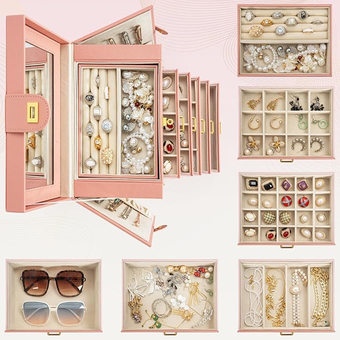 AKOZLIN Large Jewelry Box Organizer Functional Lockable with Big Mirror, Leather Jewelry Storage Case for Women Girls Ring Necklace Earring Bracelet Holder Organizer Pink