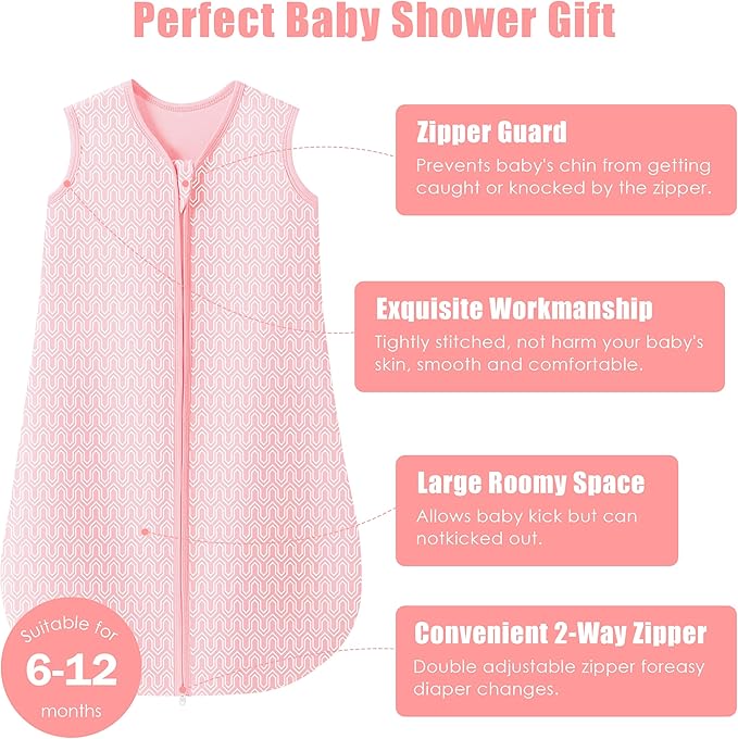 SWEET DOLPHIN Baby Sleep Sack 6-12 Months - 100% Cotton 2-Way Zipper TOG 0.5 Infant Wearable Blanket, Newborn Essentials Toddler 3 Pack Sleeping Sacks - Pink