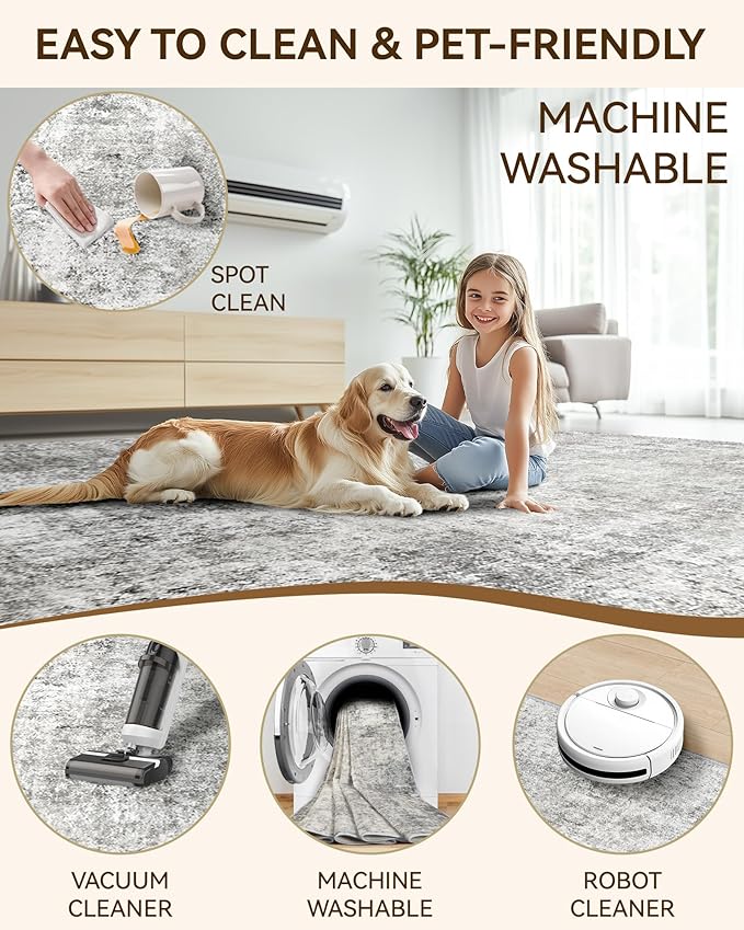 Washable Area Rugs 8'x10' Non-Slip Modern Abstract Soft for Living Room Entryway Bedroom Nursery, Print Pattern, Gray White Grey