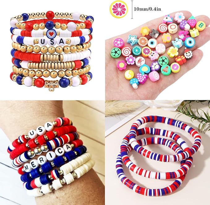 2480pcs President's Independence Day Polymer Clay Beads Charms Friendship Bracelet Necklace Earring Jewelry Making kit, Accessories for Arts Crafts DIY Birthday Gifts for Girls Children American Flag
