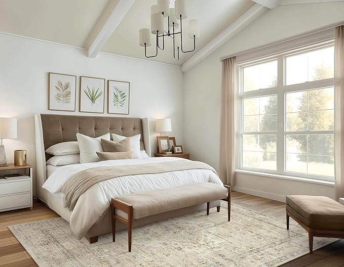 LIVEBOX Washable Area Rug 8x10 Rugs for Living Room Bedroom, Non-Slip Boho Neutral Carpet for Dining Room Office, Low-Pile Farmhouse Soft Carpets for Kids Nursery Room Playroom, Tan