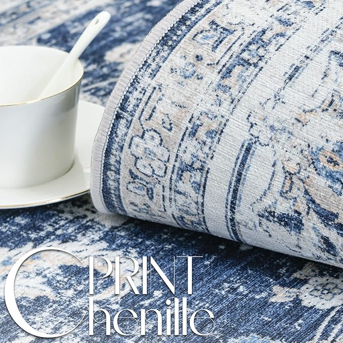 jinchan Hallway Runner Rug 3x7 Machine Washable Runner Rug Dark Blue Vintage Floral Design Non-Slip Low Pile Ultra-Thin for Kitchen Laundry Room Bedroom Farmhouse (3‘x7',Dark Blue)